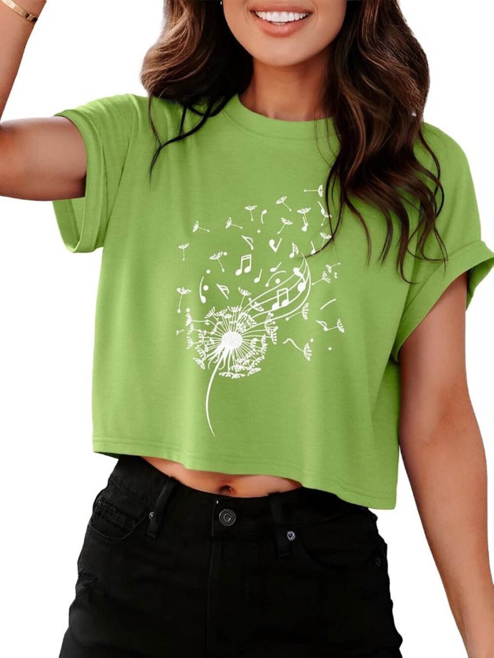 Women's Green Floral Short Sleeve Loose Fit T Shirts Casual Round Neck Crop Tops